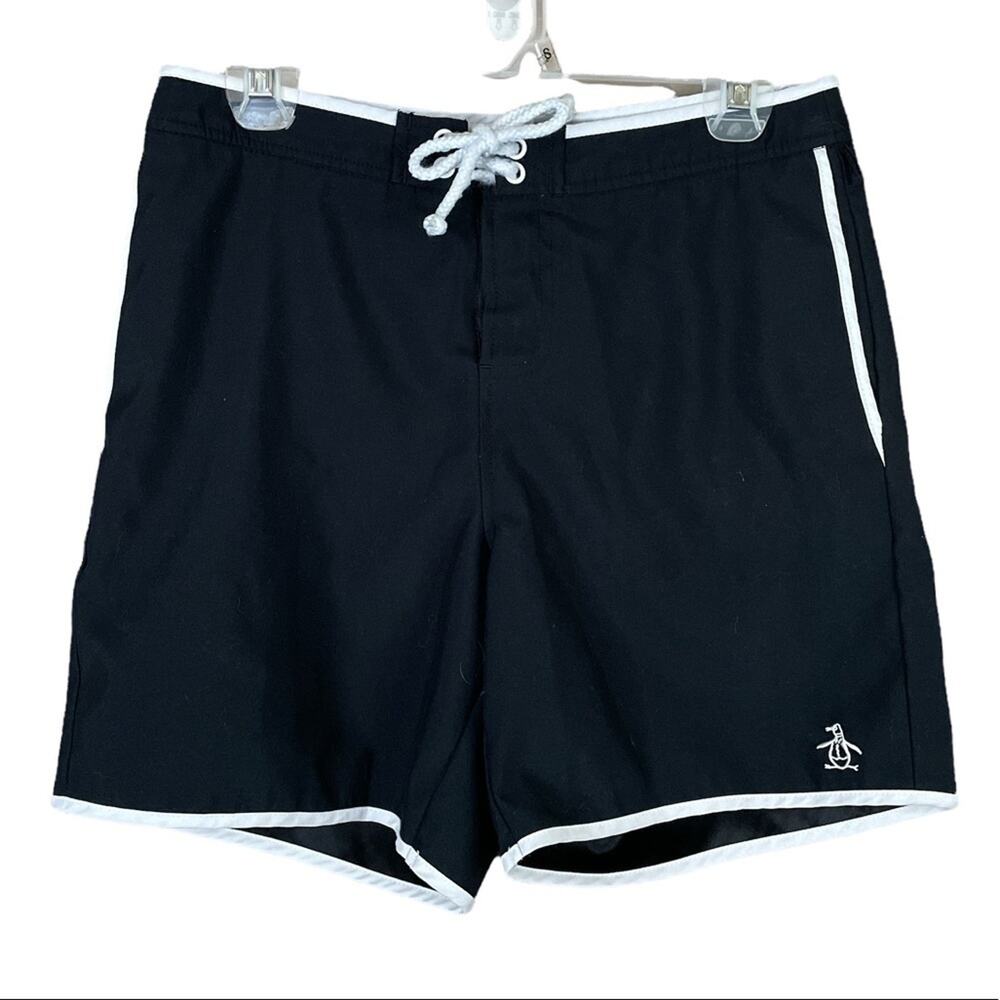 Original Penguin Swim Trunks Board Shorts Mesh Lined Black Size 29